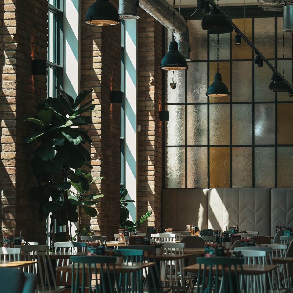 Sunlit restaurant interior with plants and pendant lights – photography by Filip Labanc for No Smile Needed