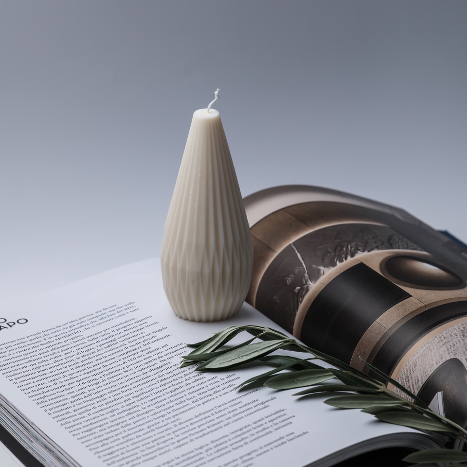 Sculptural white candle on an open book with a leafy branch – photography by Filip Labanc for No Smile Needed